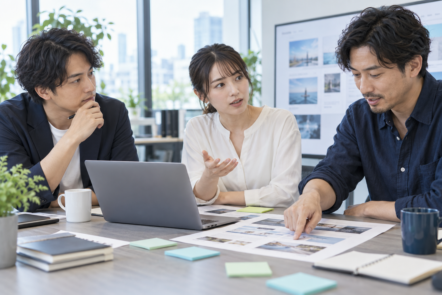 Web施策の資料を見ながら質問と判断を話し合う様子を表現した生成写真